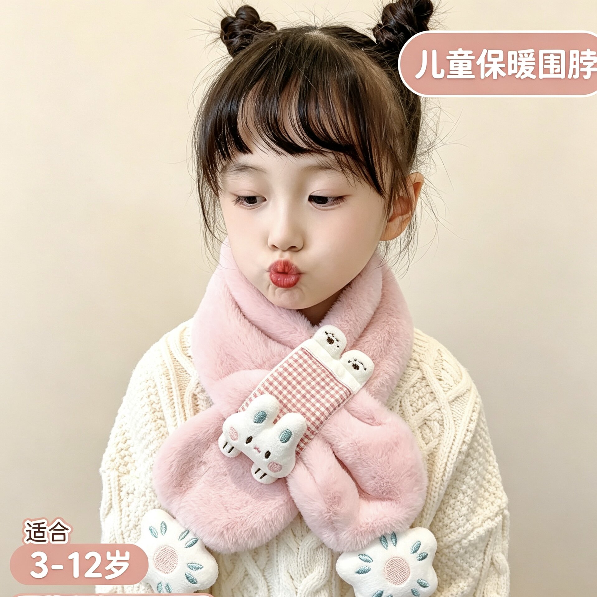 儿童围巾秋冬季宝宝可爱毛绒兔子围脖保暖加厚卡通女童防风脖套新