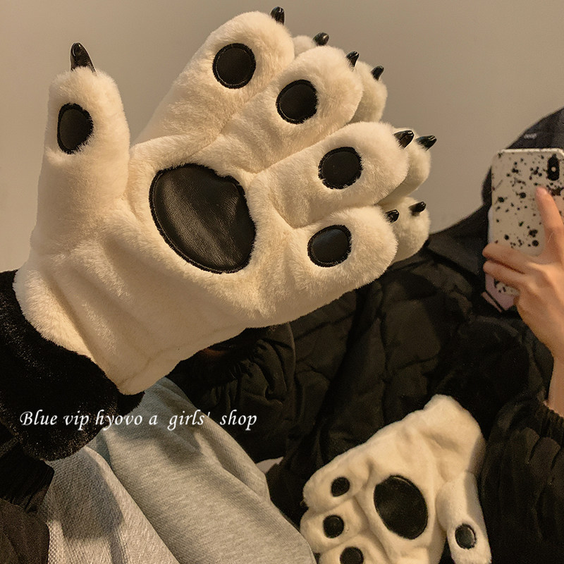 可爱小熊掌毛茸茸手套女生冬季保暖加绒加厚熊爪骑车女士冬天熊猫