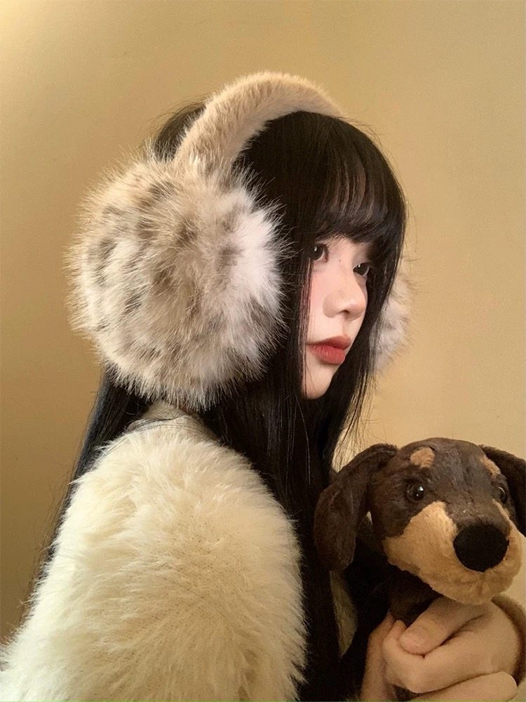 豹纹毛绒耳罩冬女户外骑行保暖防寒护耳防冻耳包冬季防风耳暖耳捂