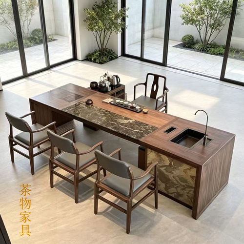 新中式黑胡桃大理石电磁炉茶桌椅