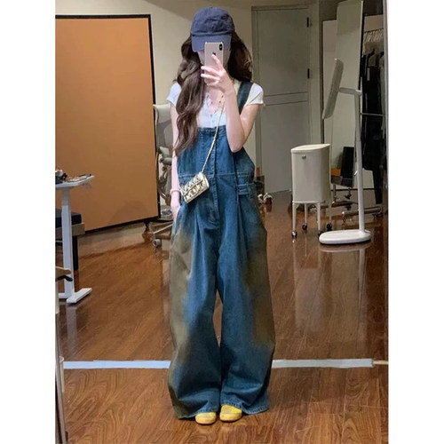 蓝色工装牛仔背带裤女秋季新款