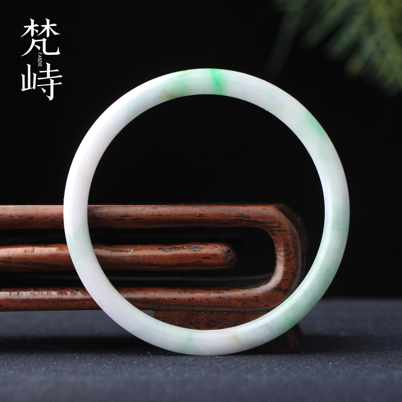 梵峙57翡翠A货叮当镯白底青阳绿花春彩糯种圆条玉镯子送证书