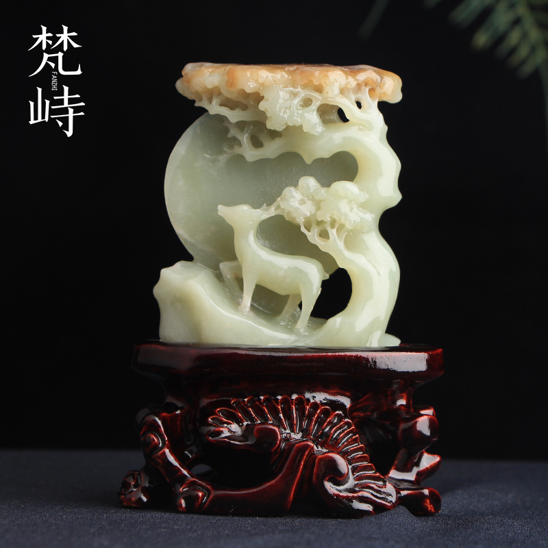 梵峙和田玉小鹿摆件山水摆件送证
