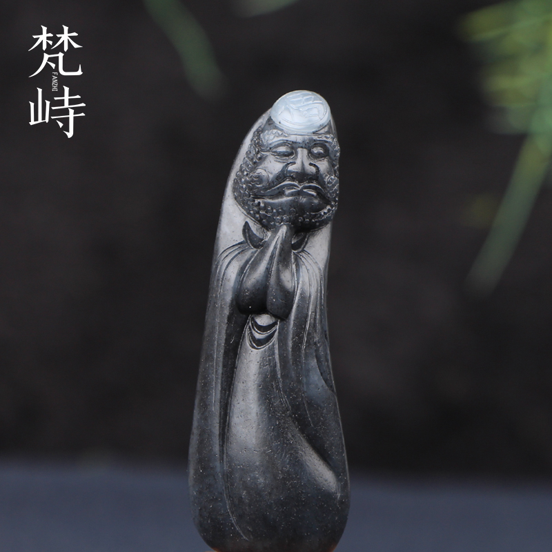 梵峙和田玉青花籽料墨玉达摩悟道挂件吊坠新疆玉石玉坠玉佩