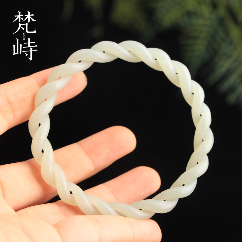 梵峙60和田玉手镯青白玉麻花绞丝复古新疆且末料送证书