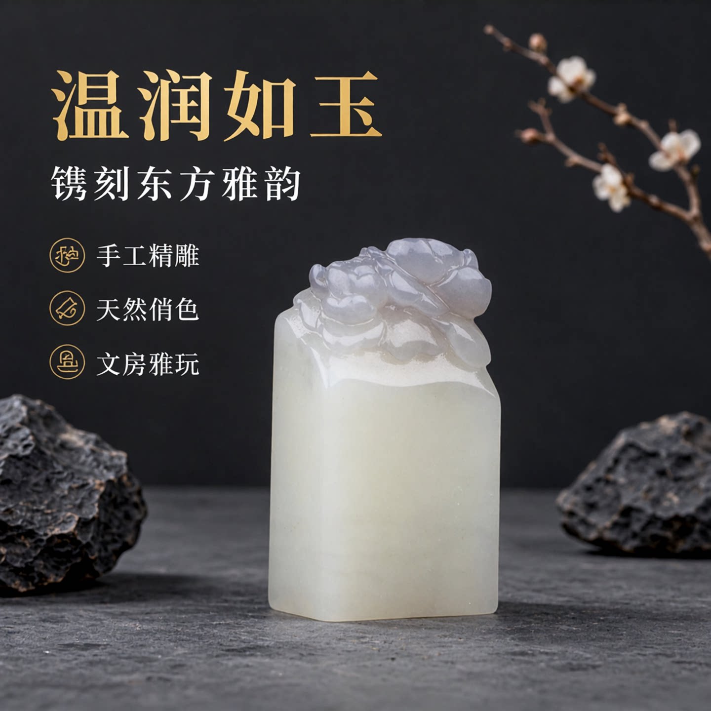 梵峙和田玉青海烟牡丹印章可刻字俏色手工雕刻闲章文房四宝摆件