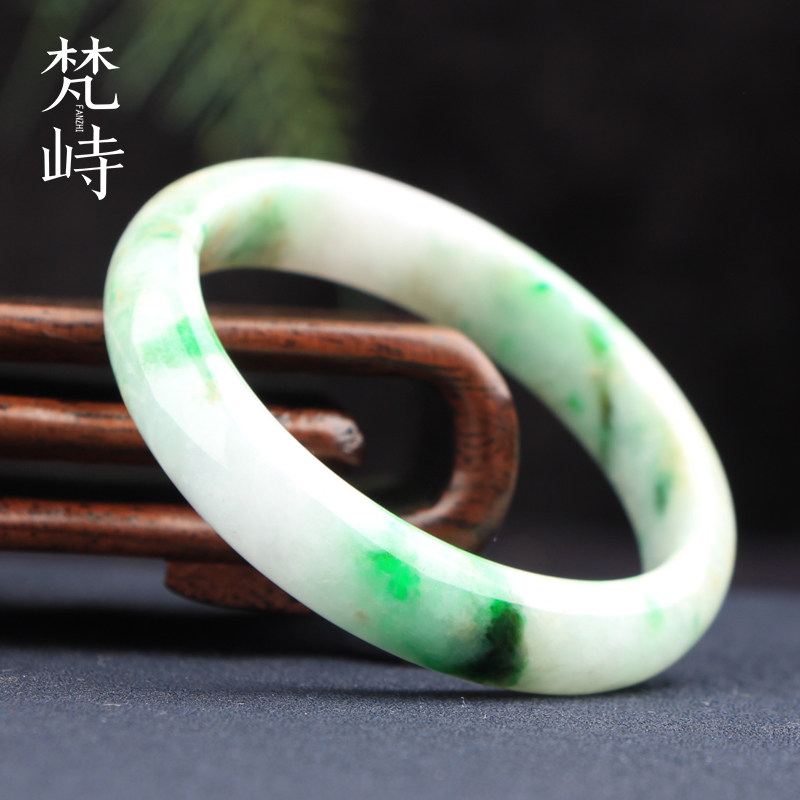 梵峙翡翠58白底青辣绿飘花圆条正圈手镯玉镯送证书