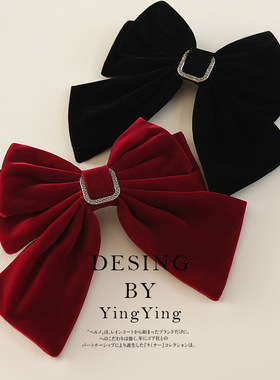 复古丝绒红色蝴蝶结发夹法式气质水钻弹簧夹后脑勺新年头饰夹子
