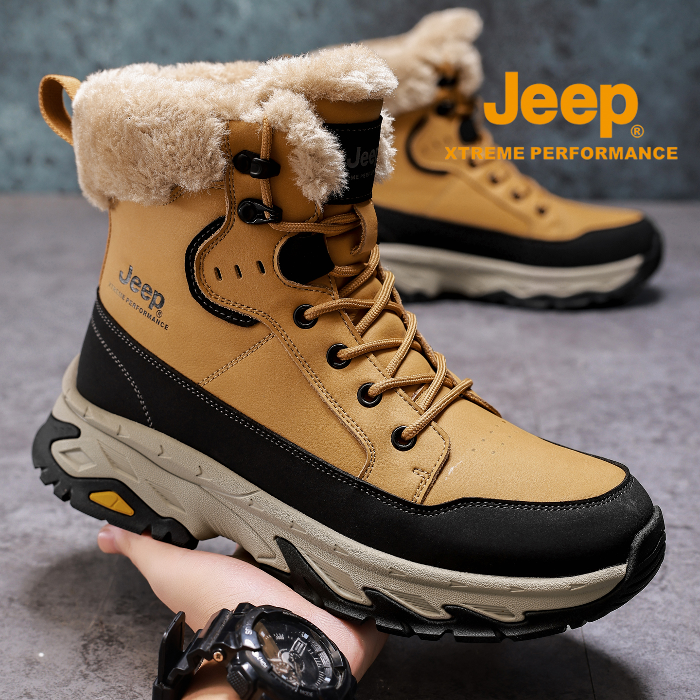 Jeep雪地靴男冬季户外加绒加厚保暖东北棉鞋男士防滑防水厚底马丁