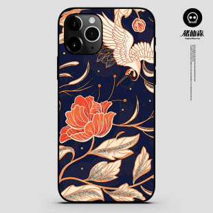 猪仙森 刺绣设计 仙鹤中国风 iPhoneX/11/12/13/14/15 pro max 苹果手机壳 玻璃面硅胶全包【包邮】