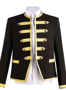 男团歌手欧式宫廷风格演出服短款主持人欧洲黑色镶金军礼服外套