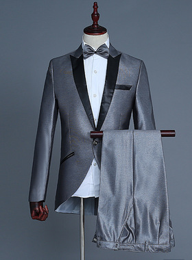 银灰色小燕尾西装礼服套装男士舞台演出西服主持人歌手指挥西装