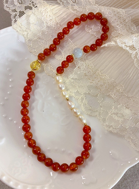 天然红玛瑙双圈925纯银手链 淡水珍珠翡翠转运招财新年手串本命年