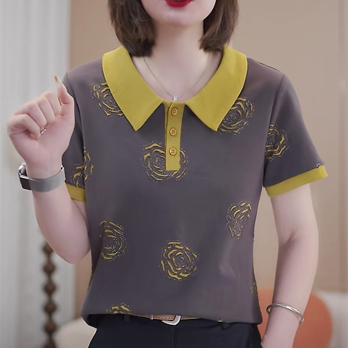 夏季新款设计感POLO领t恤短袖女士印花拼色打底衫洋气妈妈装小衫