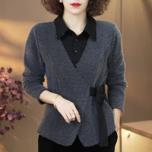 早春新款衬衫领假两件开衫T恤女轻奢风高级感妈妈装宽松遮肉上衣