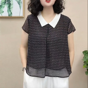 2026夏季雪纺纱娃娃领短袖t恤拼接印花套头女小衫宽松妈妈装上衣