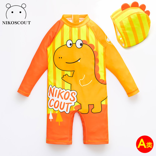 男童长袖连体防晒荧光泳衣显眼