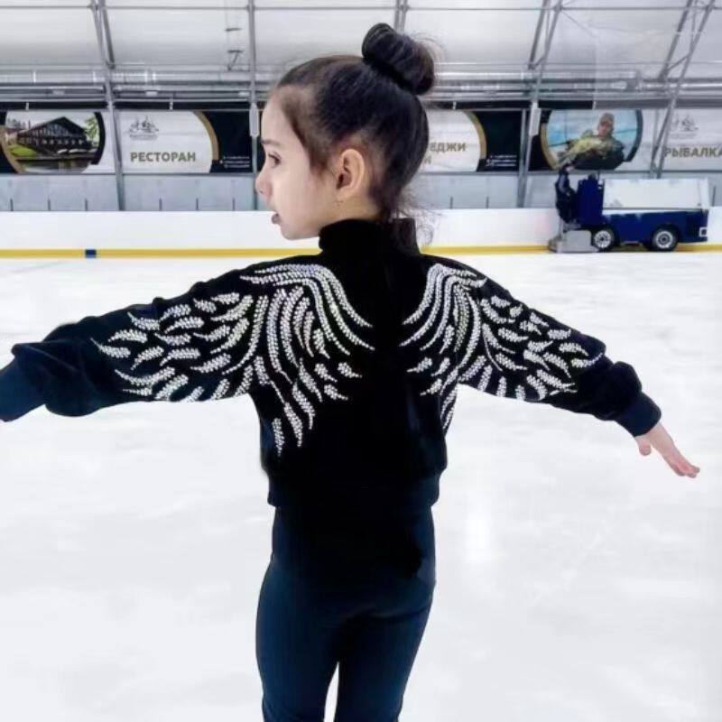 冰翼雪狮花样滑冰服女童高领羽毛图案黑色滑冰训练服上衣加绒保暖