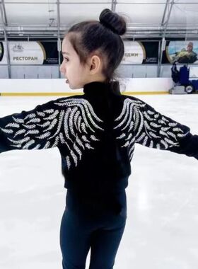 冰翼雪狮花样滑冰服女童高领羽毛图案黑色滑冰训练服上衣加绒保暖