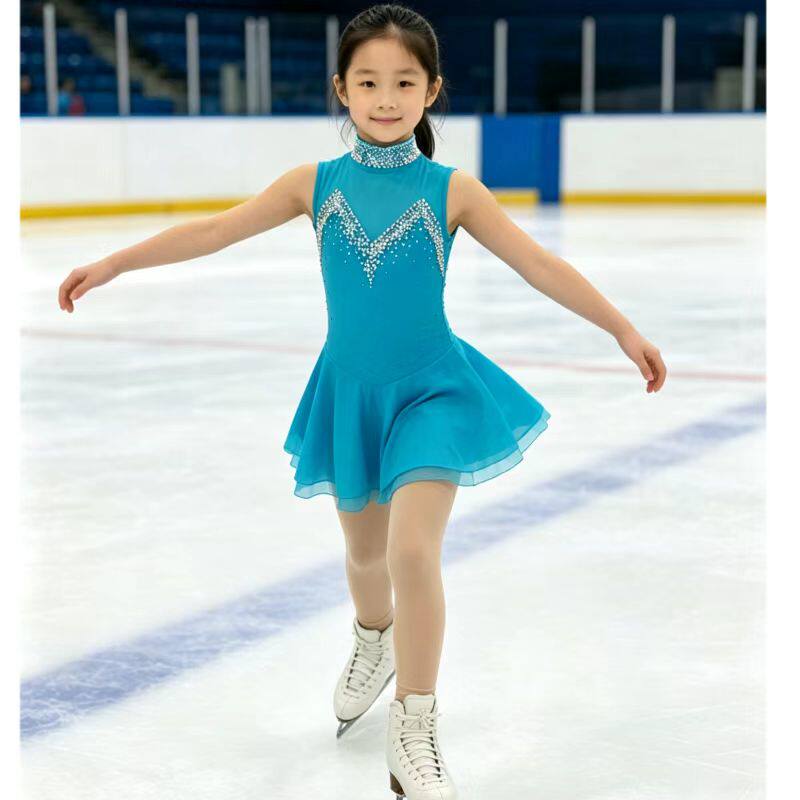 冰翼雪狮儿童花样滑冰服女童蓝色钻石装饰无袖收腰公主裙