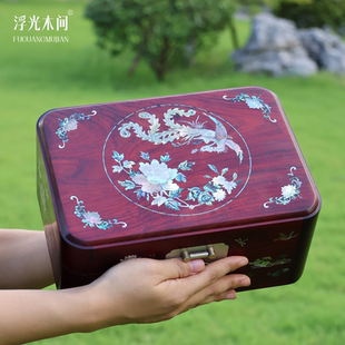 浮光木间 凤采牡丹印度小叶紫檀螺钿镶嵌首饰盒珠宝收纳传统工艺