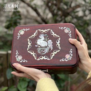 浮光木间 金鸡报晓螺钿镶嵌红木首饰盒小叶紫檀收纳盒古典工艺品