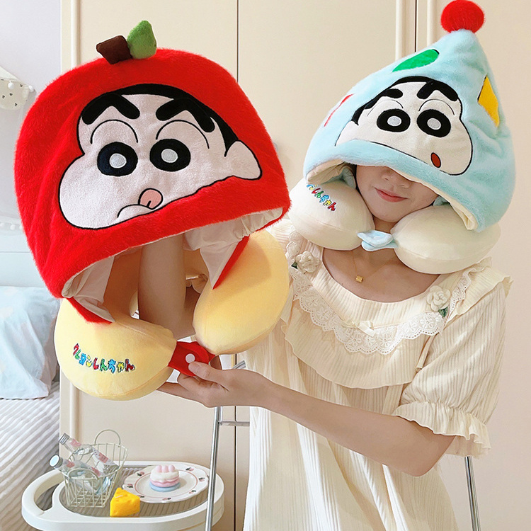 蜡笔小新可爱带帽子枕u型枕便携