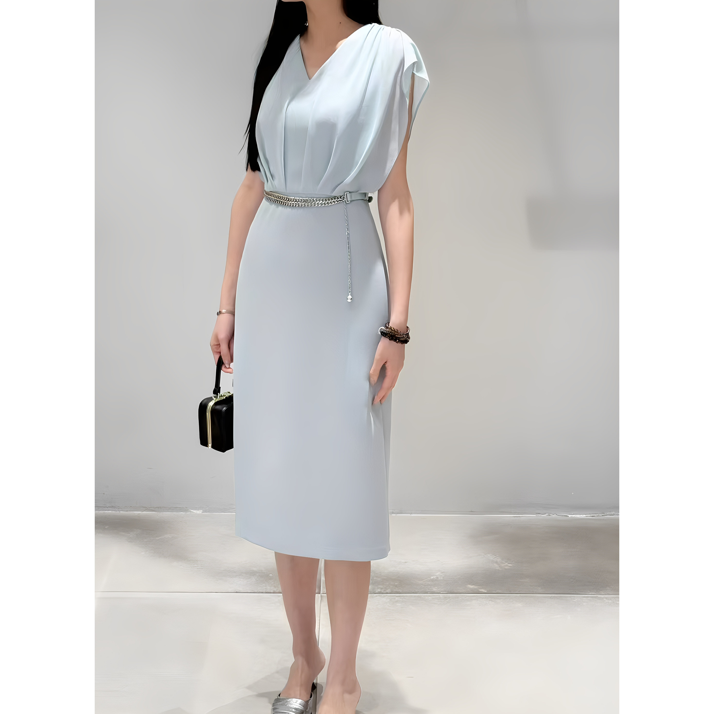 法式雪纺蝙蝠袖V领连衣裙 夏美错气质轻奢职场系带收腰包臀开叉裙