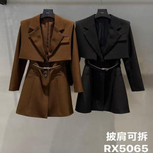 ins西装领披肩可拆两件套外套连衣裙RUCY秋系带收腰单排扣A字短裙