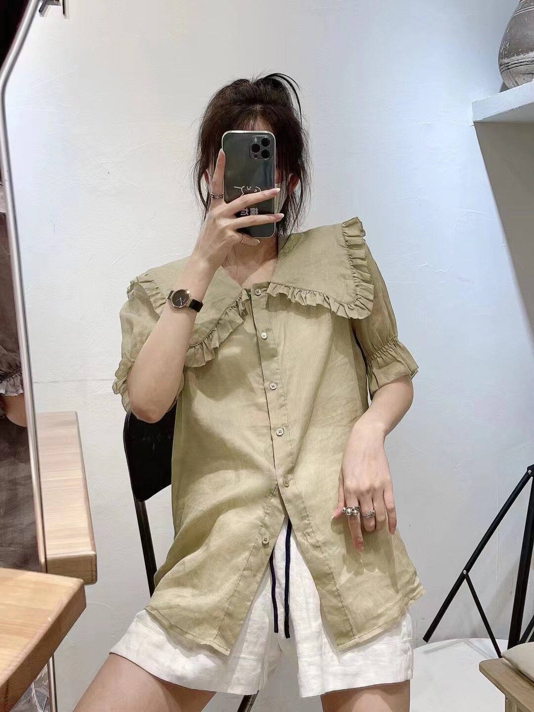 茗苒高端苎麻衬衫女夏韩版甜美仙气减龄荷叶袖木耳花边娃娃领上衣