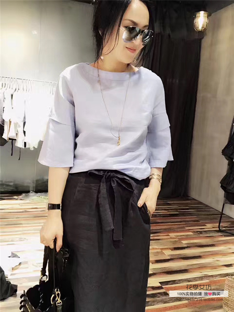 茗苒苎麻薄款衬衫女2022夏韩版显瘦百搭圆领七分设计感喇叭袖上衣