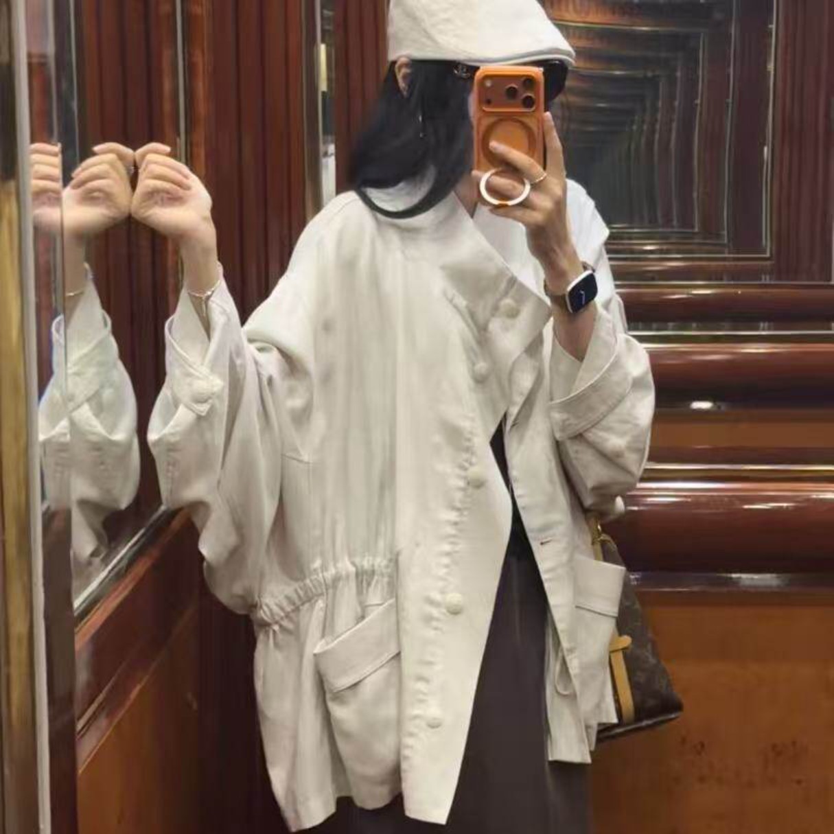 日系松弛感立领廓形风衣女春夏季亚麻抽绳收腰中长款显瘦风衣外套