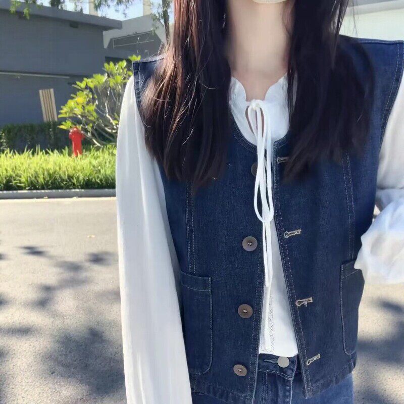 日系复古牛仔坎肩马甲外套女2026春季文艺木耳边衬衫叠穿一整套