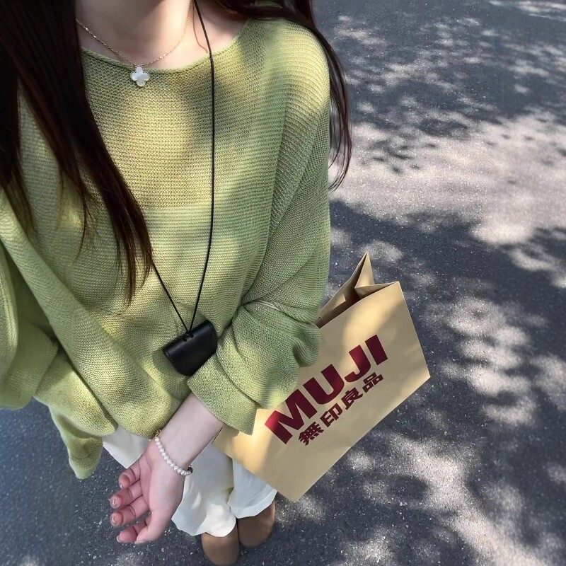 小清新绿色冰丝针织衫女夏季薄款宽松百搭慵懒风套头上衣防晒罩衫