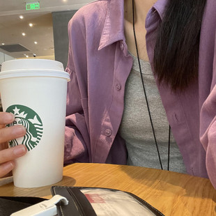 韩系紫色水洗纯棉衬衫女夏季薄款慵懒风宽松百搭防晒衬衣外套ins