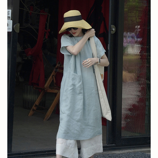 日系跨境女装短袖亚麻宽松百搭圆领连衣裙大码胖MM夏日薄款长袍子