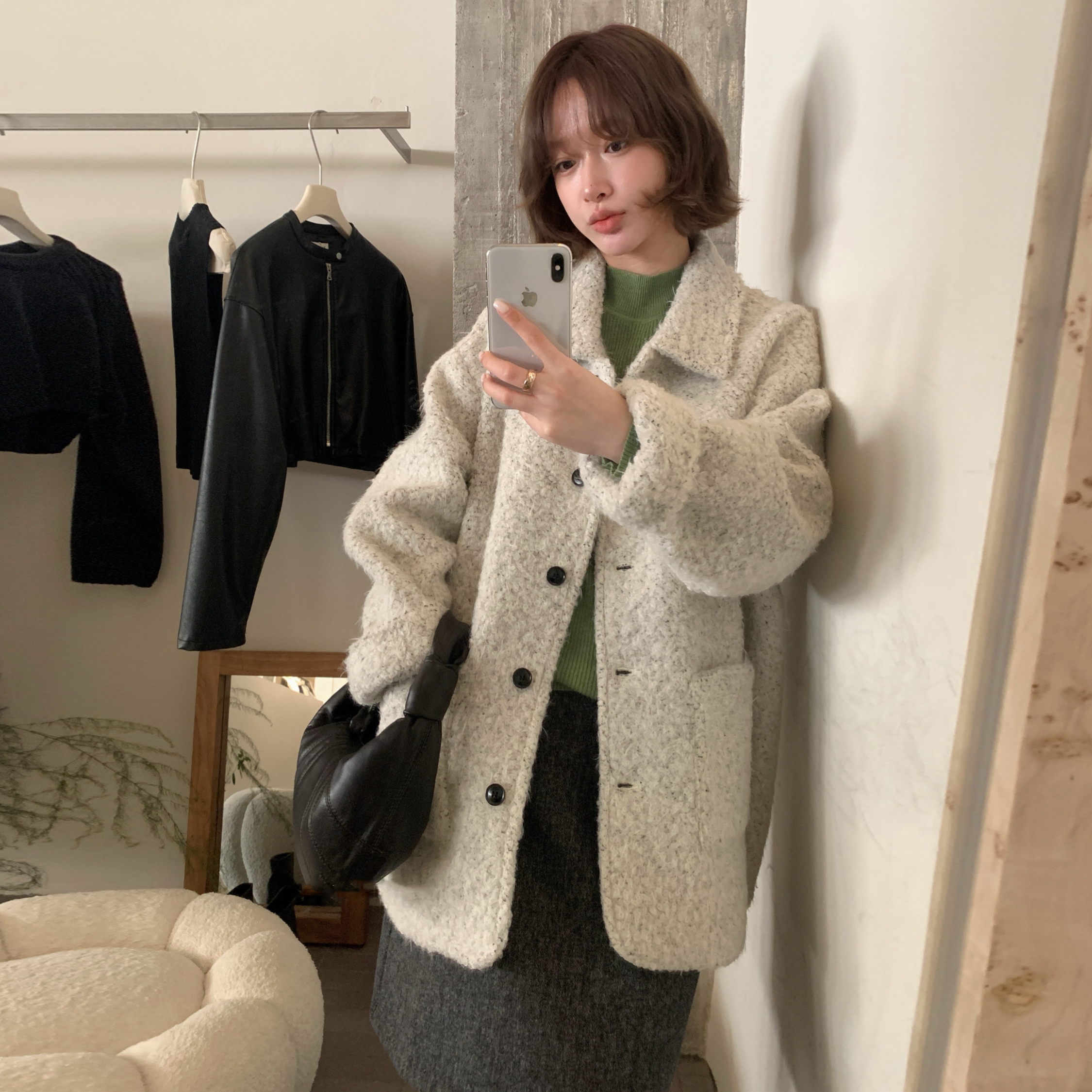 韩风chic秋冬氛围感毛毛外套女大码气质宽松中长款翻领单排扣大衣