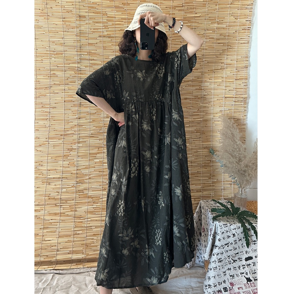 胖MM大码女装棉麻连衣裙女海边度假飘逸长裙文艺宽松复古夏中长裙