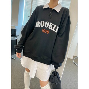 韩国chic2026春季新款减龄polo领拼接假两件大码卫衣连衣裙女