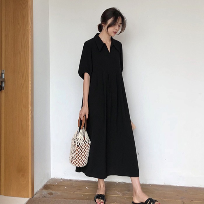 韩风chic夏季藏肉遮肚子半袖连衣裙大码女装胖MM宽松长裙小黑裙女