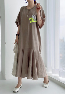 韩国女装chic小众复古裙子2023夏季新款宽松慵懒印花荷叶边连衣裙