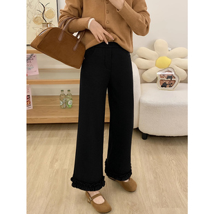 2025新款加绒弹力休闲裤子女胖mm大码九分直筒阔腿木耳花边微喇裤