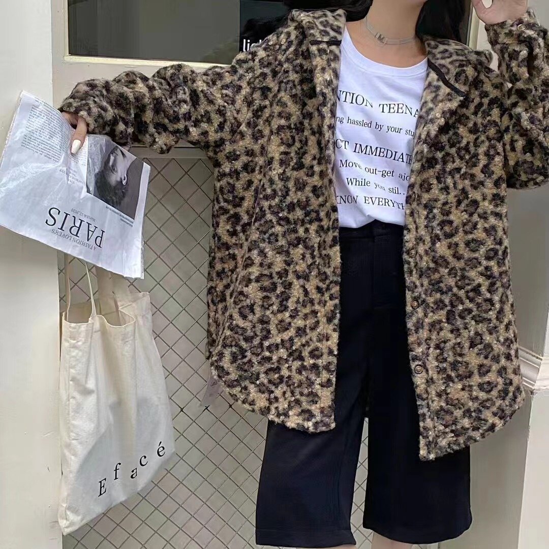 韩国chic冬季豹纹大码女装胖MM宽松连帽卷卷毛衬衫毛呢衬衣外套女