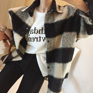 撞色格子毛呢外套女2025冬季新款大码女装小个子韩系宽松呢子大衣