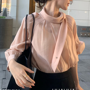 韩系2026春季百搭大码女装圆领飘带领时尚粉色气质长袖衬衫上衣