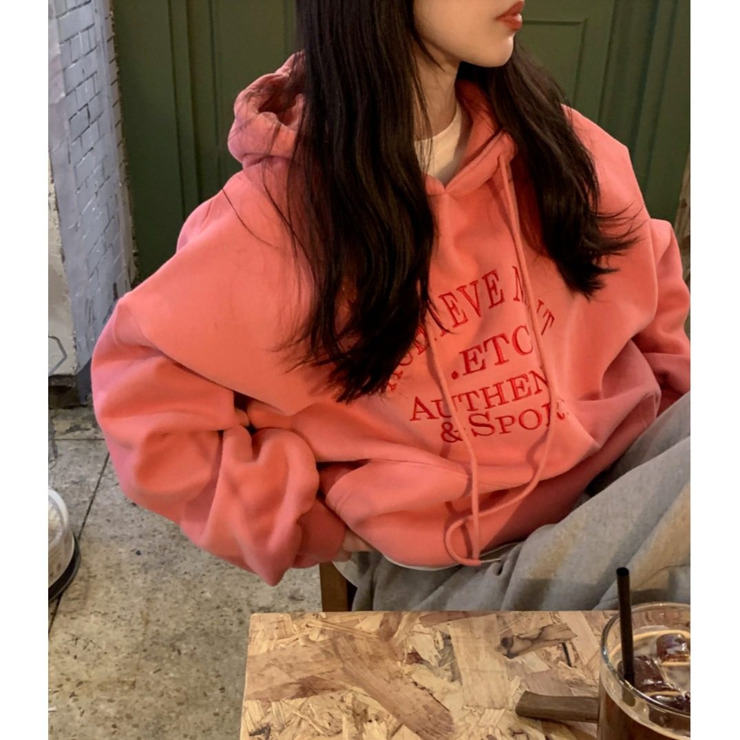 韩国ins气质百搭英文字母连帽加绒宽松显瘦大码卫衣秋冬新品上衣