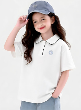 儿童纯棉短袖T恤女童夏季休闲简约白色上衣学院风女孩翻领polo衫