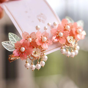 儿童古风头饰汉服发夹国风可爱少女樱花对夹流苏女童花朵配饰古代