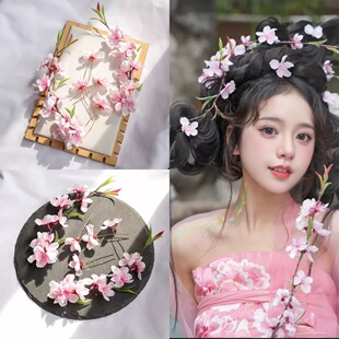 十二花神桃花花神头饰发饰发夹古风汉服粉色绢花发钗配饰套装甜美