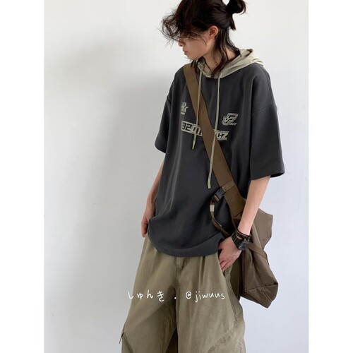 夏季新款日系复古拼接连帽短袖T恤男女生bf学院风休闲宽松外套潮